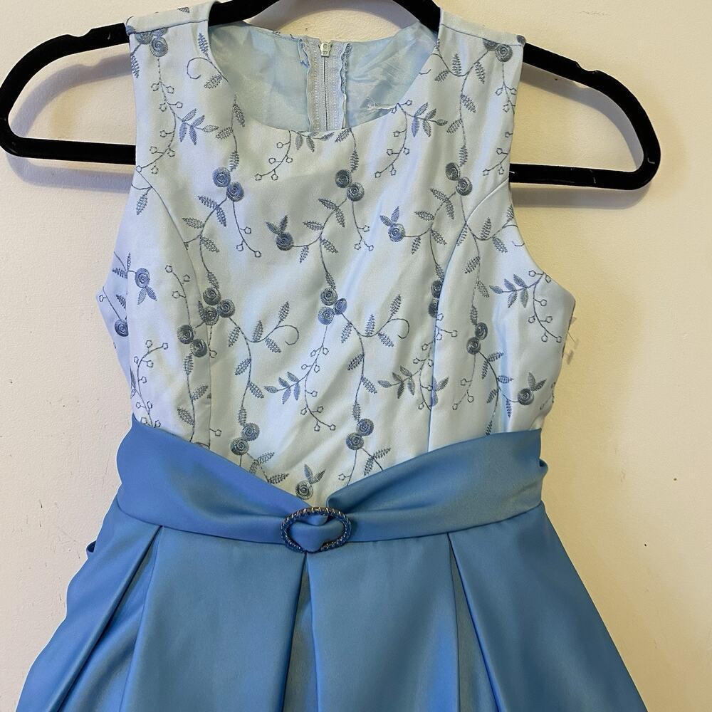 Teen Girls Dress 10/12 Blue Satin Bow Festive Wedding Holiday Party Dance Formal - Picture 5 of 8